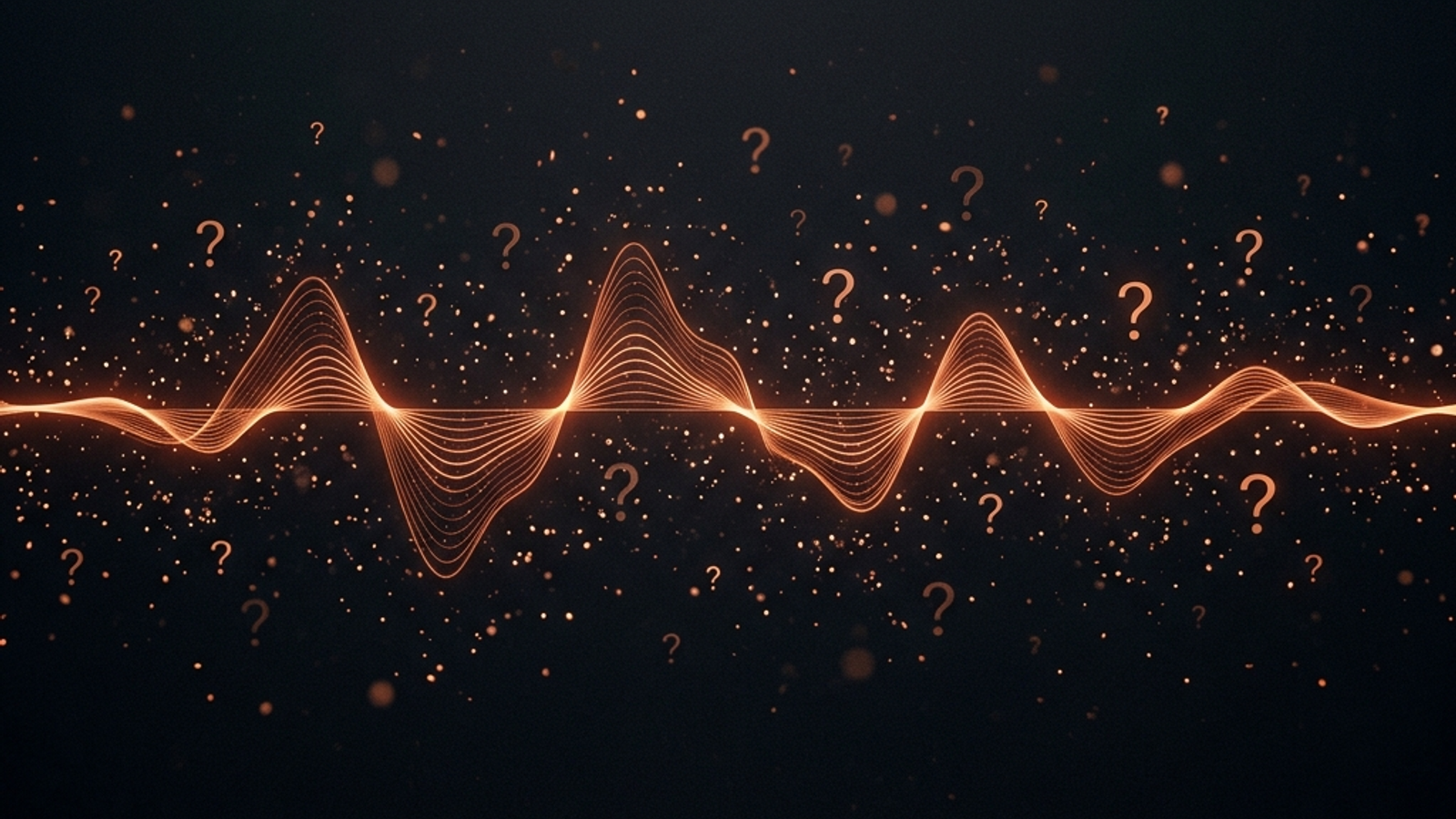 A burnt-orange voice waveform with question mark accents on a dark background, representing voice journaling prompts